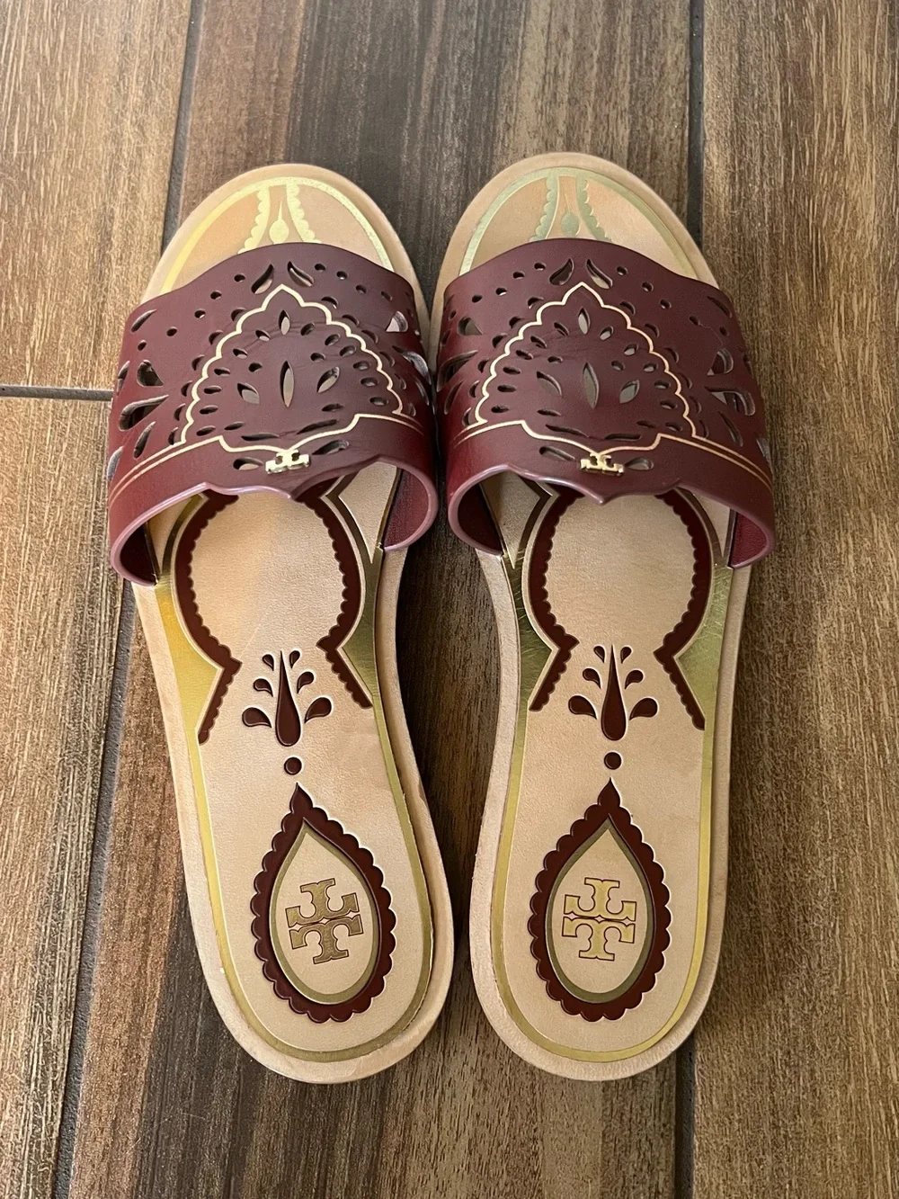 Tory Burch Burgundy Laser-Cut Leather Slide Mules